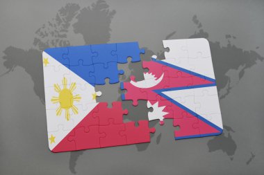 bir dünya haritası arka plan üzerinde Filipinler ve Nepal ulusal bayrağı ile bulmaca.