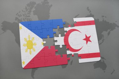 bir dünya haritası arka plan üzerinde Filipinler ve Kuzey Kıbrıs ulusal bayrağı ile bulmaca.