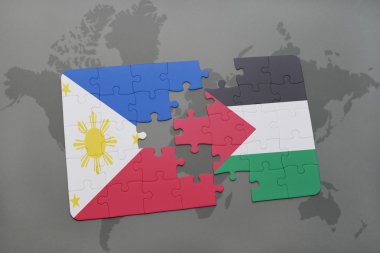 bir dünya haritası arka plan üzerinde Filipinler ve Filistin ulusal bayrağı ile bulmaca.