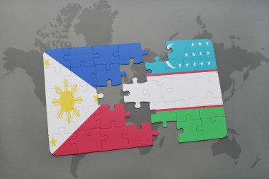 bir dünya haritası arka plan üzerinde Filipinler ve Özbekistan ulusal bayrağı ile bulmaca.