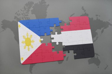 bir dünya haritası arka plan üzerinde Filipinler ve Yemen ulusal bayrağı ile bulmaca.
