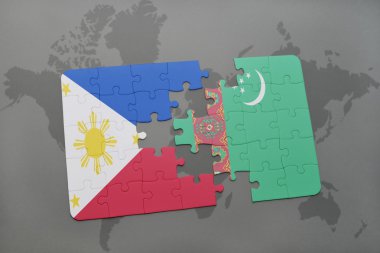 bir dünya haritası arka plan üzerinde Filipinler ve Türkmenistan ulusal bayrağı ile bulmaca.