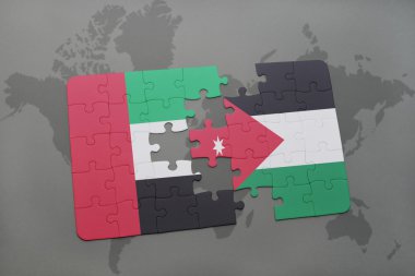 puzzle with the national flag of united arab emirates and jordan on a world map background.