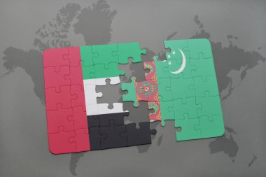 bir dünya haritası arka plan üzerinde birleşik arap emirlikleri ve türkmenistan ulusal bayrağı ile bulmaca.