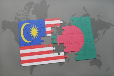 bir dünya haritası arka plan üzerinde malezya ve bangladeş ulusal bayrağı ile bulmaca.