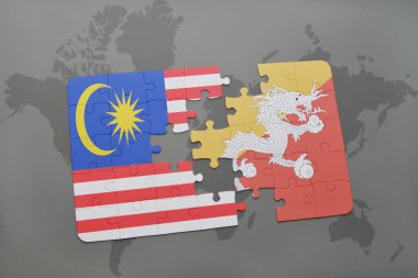 bir dünya haritası arka plan üzerinde malezya ve bhutan ulusal bayrağı ile bulmaca.