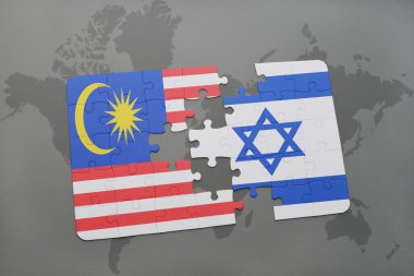 bir dünya haritası arka plan üzerinde Malezya ve İsrail ulusal bayrağı ile bulmaca.