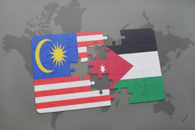 bir dünya haritası arka plan üzerinde malezya ve ürdün ulusal bayrağı ile bulmaca.