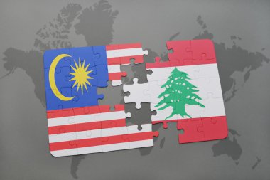 bir dünya haritası arka plan üzerinde Malezya ve Lübnan ulusal bayrağı ile bulmaca.