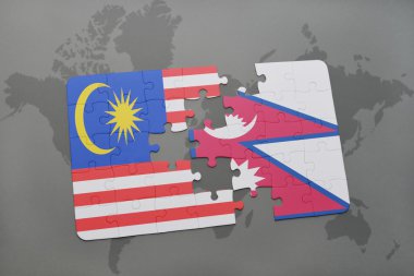 bir dünya haritası arka plan üzerinde malezya ve nepal ulusal bayrağı ile bulmaca.