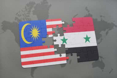 bir dünya haritası arka plan üzerinde Malezya ve Suriye ulusal bayrağı ile bulmaca.