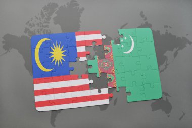 bir dünya haritası arka plan üzerinde malezya ve türkmenistan ulusal bayrağı ile bulmaca.