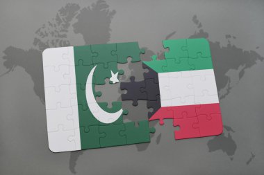 bir dünya haritası arka plan üzerinde pakistan ve Kuveyt ulusal bayrağı ile bulmaca.