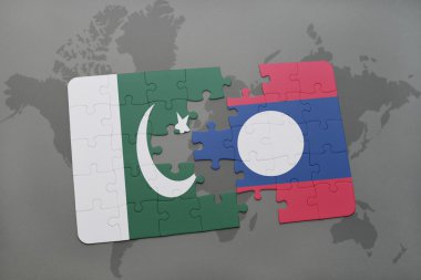 bir dünya haritası arka plan üzerinde pakistan ve laos ulusal bayrağı ile bulmaca.