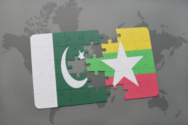 bir dünya haritası arka plan üzerinde pakistan ve myanmar ulusal bayrağı ile bulmaca.