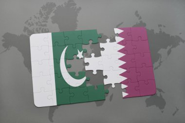 bir dünya haritası arka plan üzerinde Pakistan ve Katar ulusal bayrağı ile bulmaca.