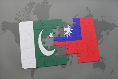 bir dünya haritası arka plan üzerinde pakistan ve tayvan ulusal bayrağı ile bulmaca.