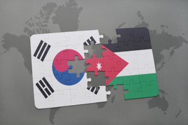 bir dünya haritası arka plan üzerinde Güney Kore ve Ürdün ulusal bayrağı ile bulmaca.