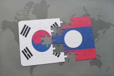 bir dünya haritası arka plan üzerinde güney kore ve laos ulusal bayrağı ile bulmaca.