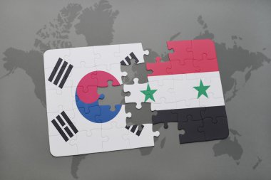 bir dünya haritası arka plan üzerinde Güney Kore ve Suriye ulusal bayrağı ile bulmaca.
