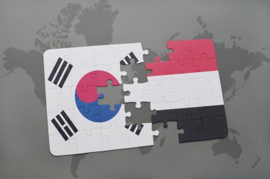 bir dünya haritası arka plan üzerinde Güney Kore ve Yemen ulusal bayrağı ile bulmaca.