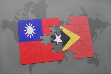 bir dünya haritası arka plan üzerinde tayvan ve doğu timor ulusal bayrağı ile bulmaca.