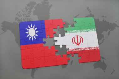 bir dünya haritası arka plan üzerinde Tayvan ve İran ulusal bayrağı ile bulmaca.