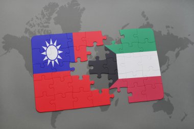 bir dünya haritası arka plan üzerinde Tayvan ve Kuveyt ulusal bayrağı ile bulmaca.