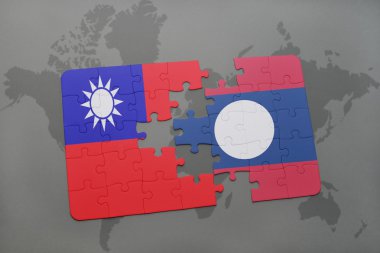 bir dünya haritası arka plan üzerinde tayvan ve laos ulusal bayrağı ile bulmaca.