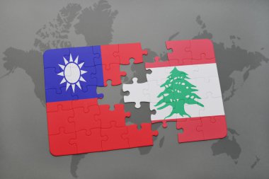 bir dünya haritası arka plan üzerinde Tayvan ve Lübnan ulusal bayrağı ile bulmaca.