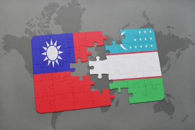 bir dünya haritası arka plan üzerinde tayvan ve özbekistan ulusal bayrağı ile bulmaca.