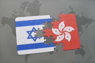 bir dünya haritası arka plan üzerinde İsrail ve hong kong ulusal bayrağı ile bulmaca.