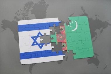 bir dünya haritası arka plan üzerinde İsrail ve Türkmenistan ulusal bayrağı ile bulmaca.