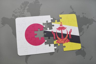 bir dünya haritası arka plan üzerinde Japonya ve brunei ulusal bayrağı ile bulmaca.