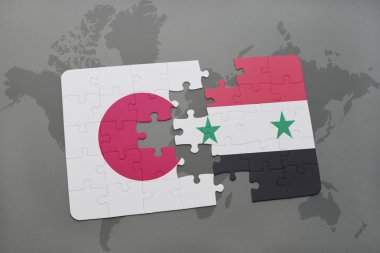 bir dünya haritası arka plan üzerinde Japonya ve Suriye ulusal bayrağı ile bulmaca.