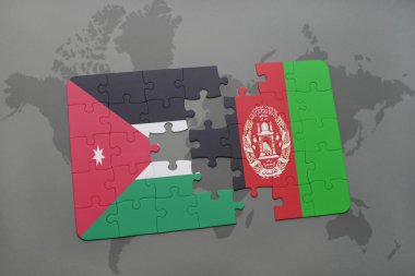 bir dünya haritası arka plan üzerinde ürdün ve Afganistan ulusal bayrağı ile bulmaca.