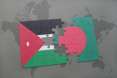 bir dünya haritası arka plan üzerinde ürdün ve Bangladeş ulusal bayrağı ile bulmaca.