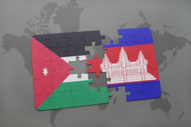 bir dünya haritası arka plan üzerinde ürdün ve kamboçya ulusal bayrağı ile bulmaca.