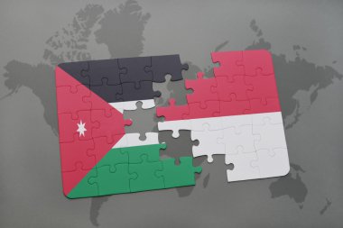 bir dünya haritası arka plan üzerinde ürdün ve Endonezya ulusal bayrağı ile bulmaca.