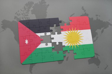 bir dünya haritası arka plan üzerinde ürdün ve kürdistan ulusal bayrağı ile bulmaca.