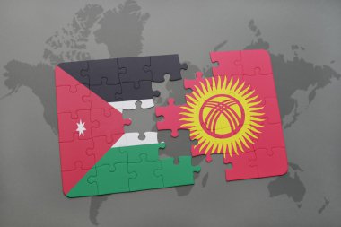 bir dünya haritası arka plan üzerinde ürdün ve Kırgızistan ulusal bayrağı ile bulmaca.