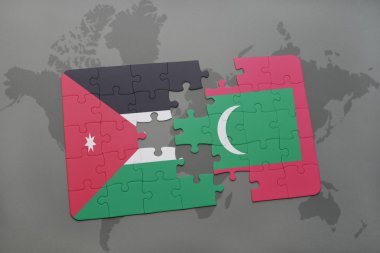 bir dünya haritası arka plan üzerinde ürdün ve Maldivler ulusal bayrağı ile bulmaca.
