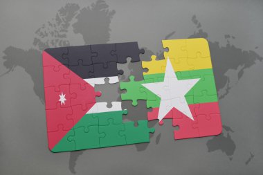 bir dünya haritası arka plan üzerinde ürdün ve Myanmar ulusal bayrağı ile bulmaca.