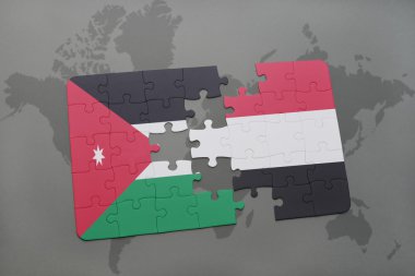 bir dünya haritası arka plan üzerinde ürdün ve Yemen ulusal bayrağı ile bulmaca.