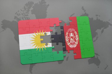 bir dünya haritası arka plan üzerinde Kürdistan ve Afganistan ulusal bayrağı ile bulmaca.