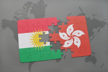bir dünya haritası arka plan üzerinde kürdistan ve hong kong ulusal bayrağı ile bulmaca.