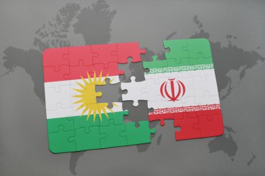 bir dünya haritası arka plan üzerinde Kürdistan ve İran ulusal bayrağı ile bulmaca.