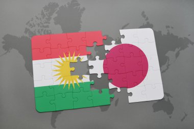 bir dünya haritası arka plan üzerinde Kürdistan ve Japonya ulusal bayrağı ile bulmaca.