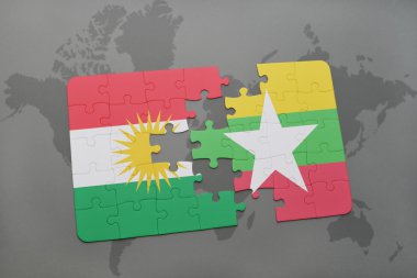 bir dünya haritası arka plan üzerinde Kürdistan ve Myanmar ulusal bayrağı ile bulmaca.