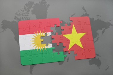 bir dünya haritası arka plan üzerinde Kürdistan ve Vietnam ulusal bayrağı ile bulmaca.